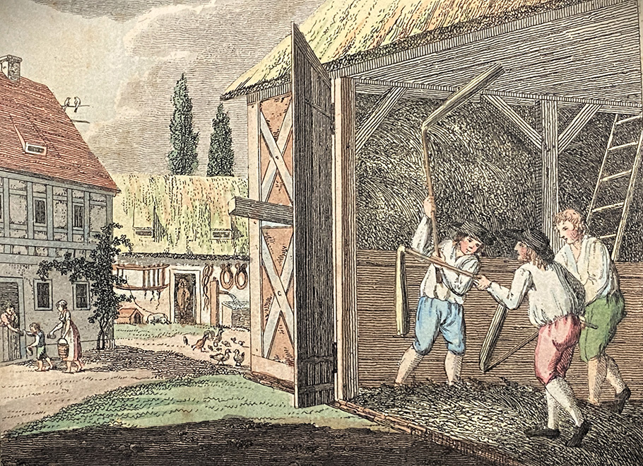 Winterliche Arbeit des Getreidedreschens – eine Abbildung aus dem „Oeconomischen Bilderbuch“ (1802) von Johann Gottlieb Fritzsche (1779-1813)